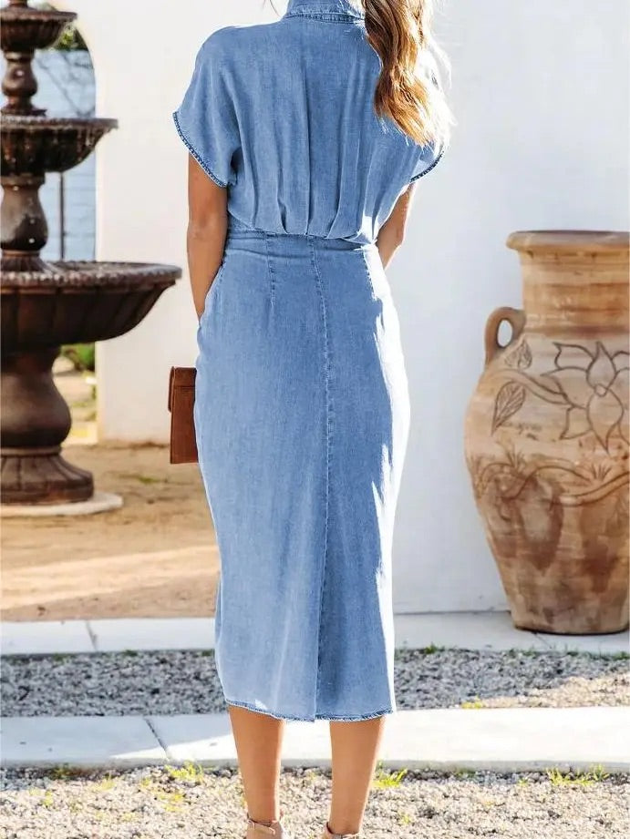 Mid-Length Dress With Slit Collar