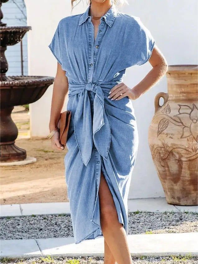 Mid-Length Dress With Slit Collar