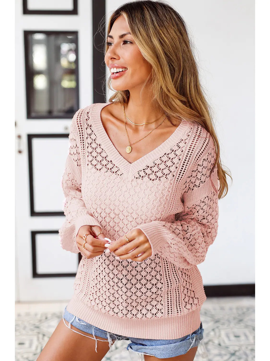 Loose Pointelle Knit Ribbed V Neck Sweater